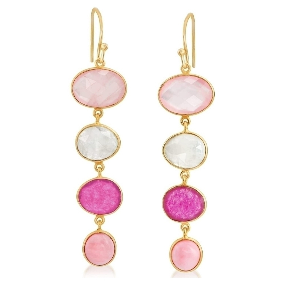 18K Yellow Gold Multi Gemstones Drop Earrings S925 Moonstone Opal Pink 24cttw